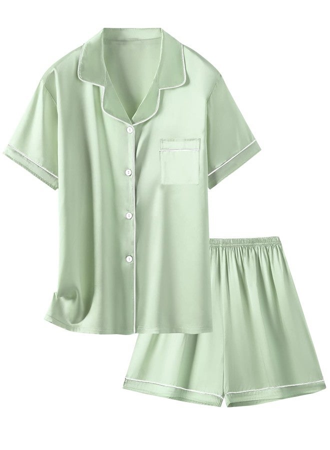 Schbbbta Satin Pajamas for Girls, 2 Pcs Sleepwear Short Sleeve Silk Satain Summer Pajama Set for Girls, Light Green, 9-10 Years = Tag 150 - Image 1